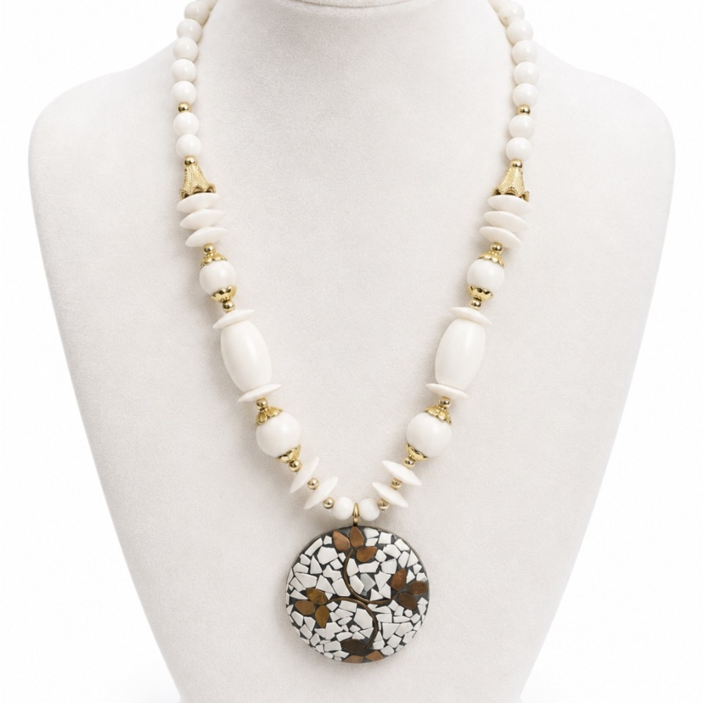 White Beaded Pendant Necklace with Mosaic Disc